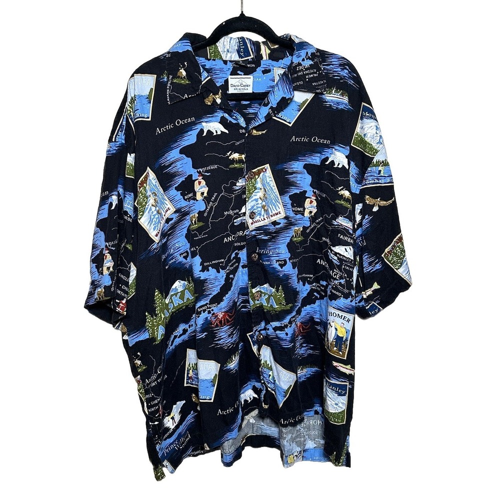 David Carey Mens 3X Shirt Black Button Up‎ All Over Print Alaska Outdoors Cotton